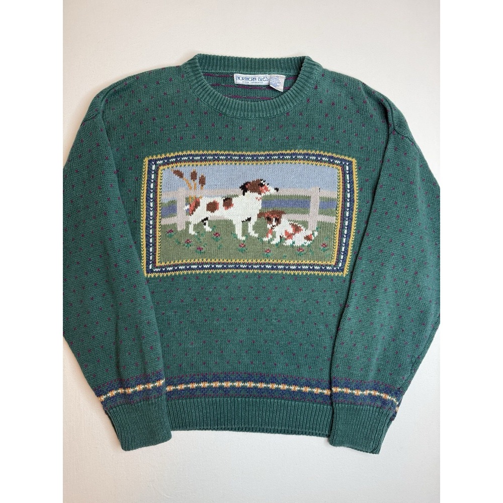 Vintage NORTHERN ISLES Sweater Dogs Womens L Ramie Cotton Cottagecore Grandma